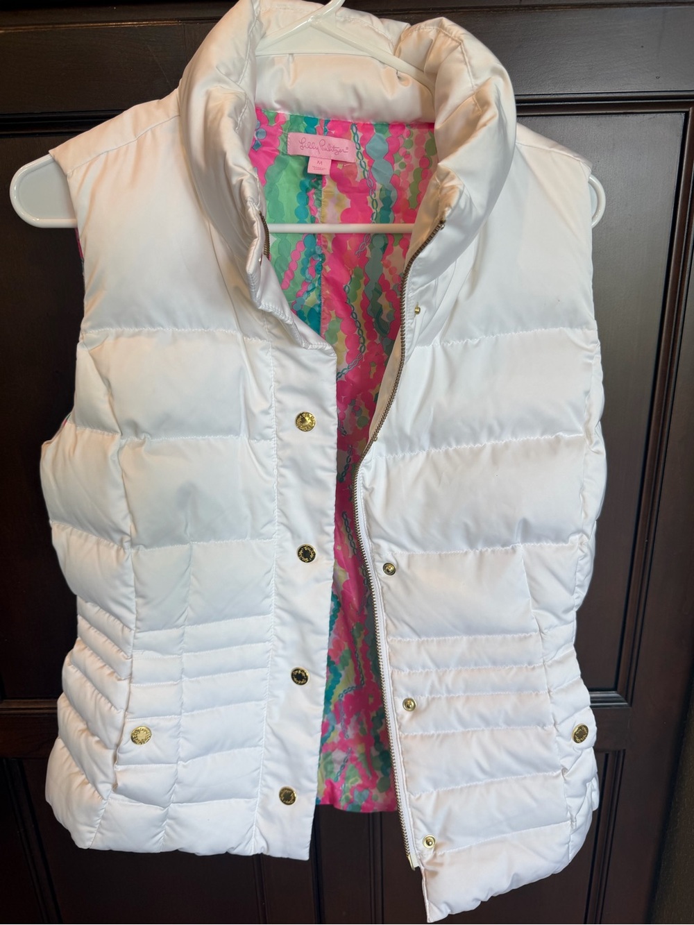 Lilly Pulitzer Isabelle Puffer Vest Resort White Gold Snaps Floral Lining M